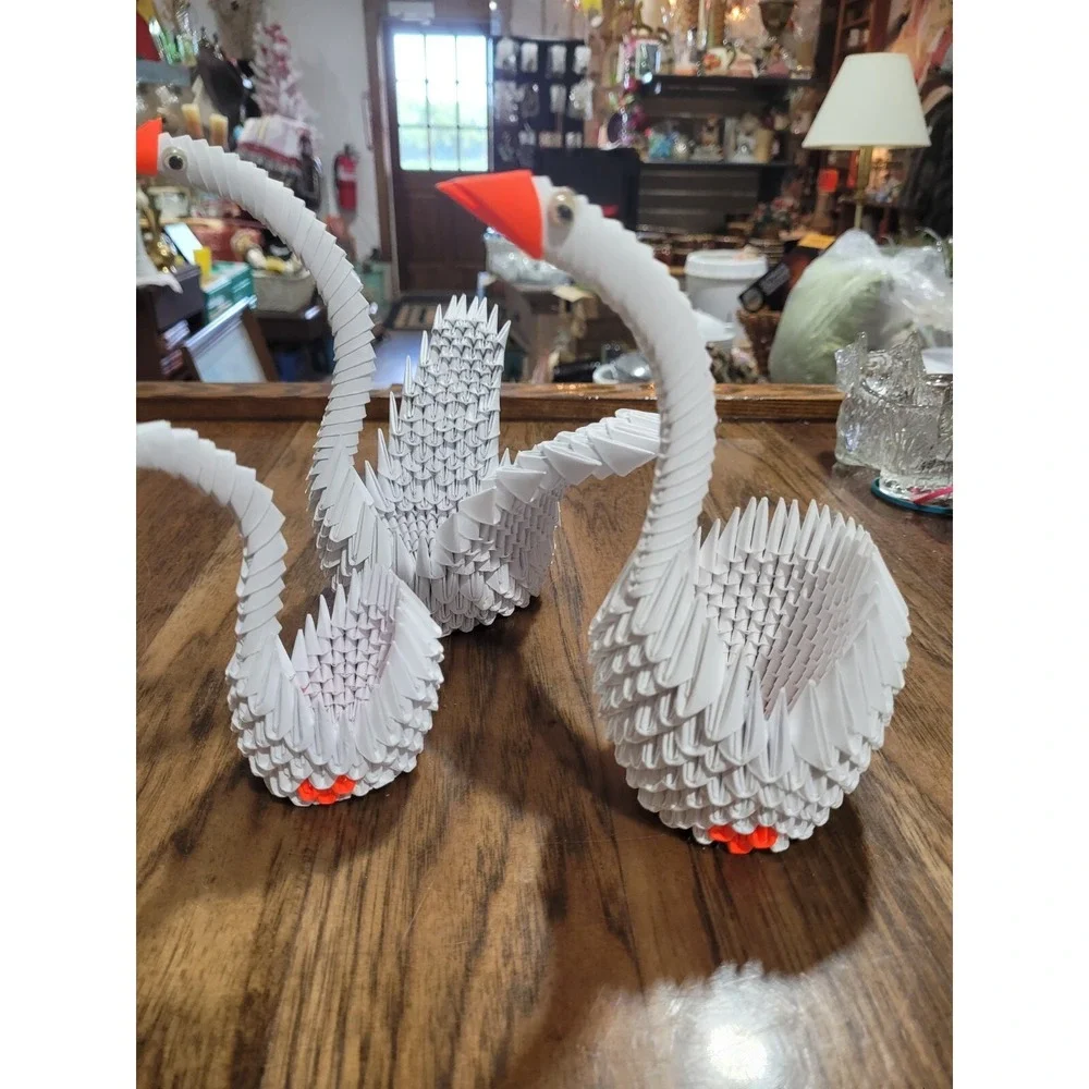 3 Handcrafted 3D Origami Folded Paper white  Swan Goose  Basket,  7